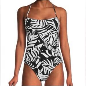 BcbgMaxAzria Women’s black white one piece swimsuit, palms, Size Xl